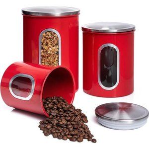 3 Piece Red Canisters Sets For The Kitchen, Kitchen Jars With See Through Window